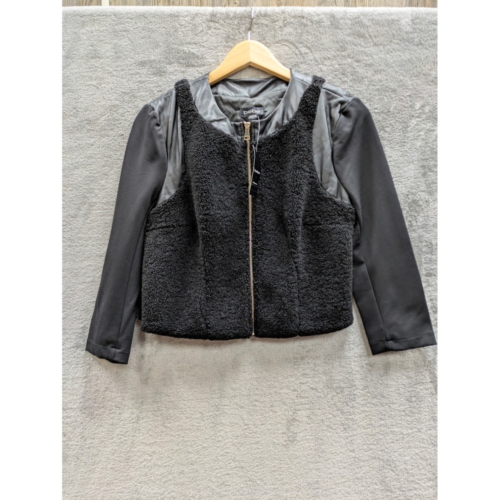 Edgy Mixed Media Faux Fur Moto Jacket Women 8 Black Sherpa Leather Trim Bebe